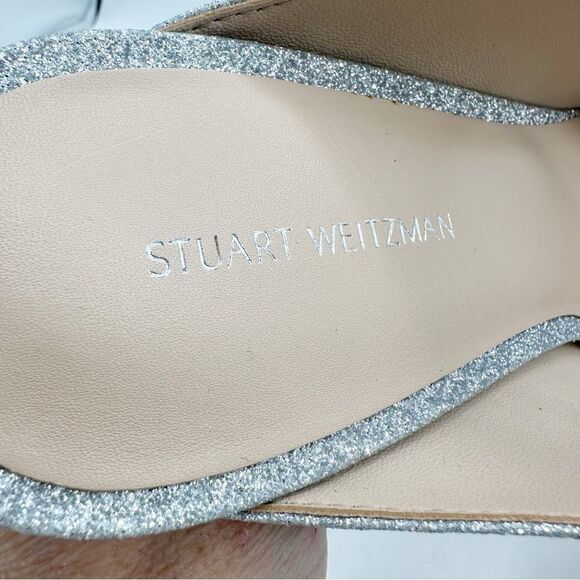NEW‎ Stuart Weitzman Silver Shimmery Mule Heels Pearl Buckle Accent Size 9.5 - Picture 9 of 12